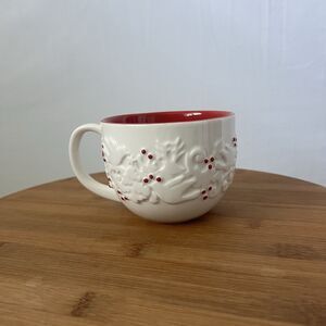 Starbucks 2008 White Holiday Mug Red Berries Embossed Doves Reindeer Trees 12oz
